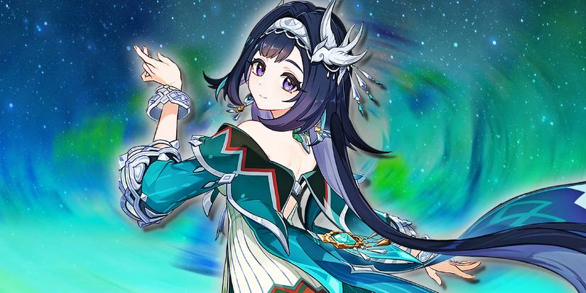 Genshin Impact's Lan Yan poses with her hand lifted.