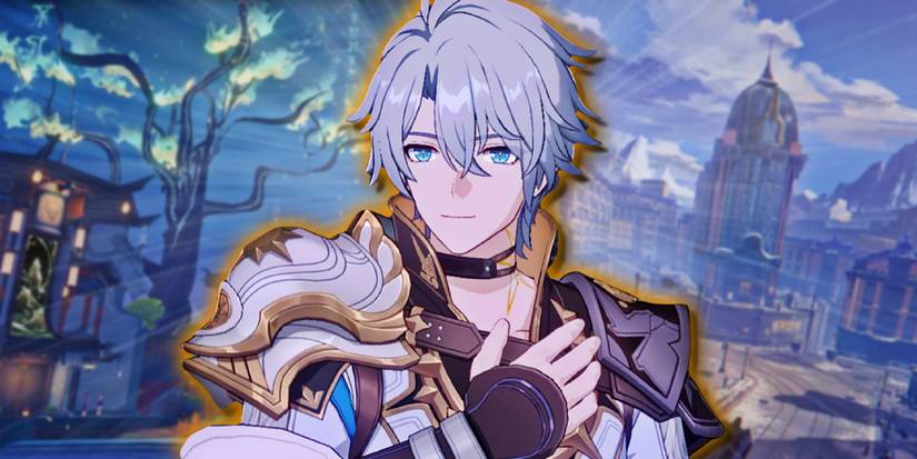 Honkai Star Rail's Phainon put his hand on his chest, in front of the Xianzhou Luofu and Belobog.