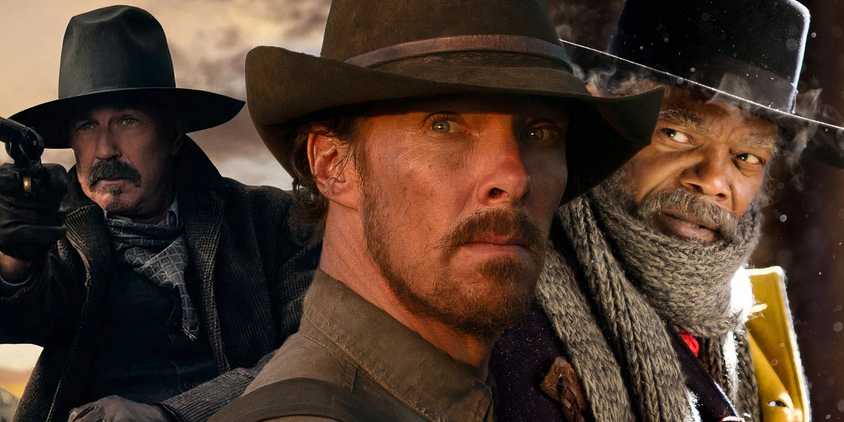 Collage of characters from Horizon An American Saga, Power of the Dog and Hateful Eight