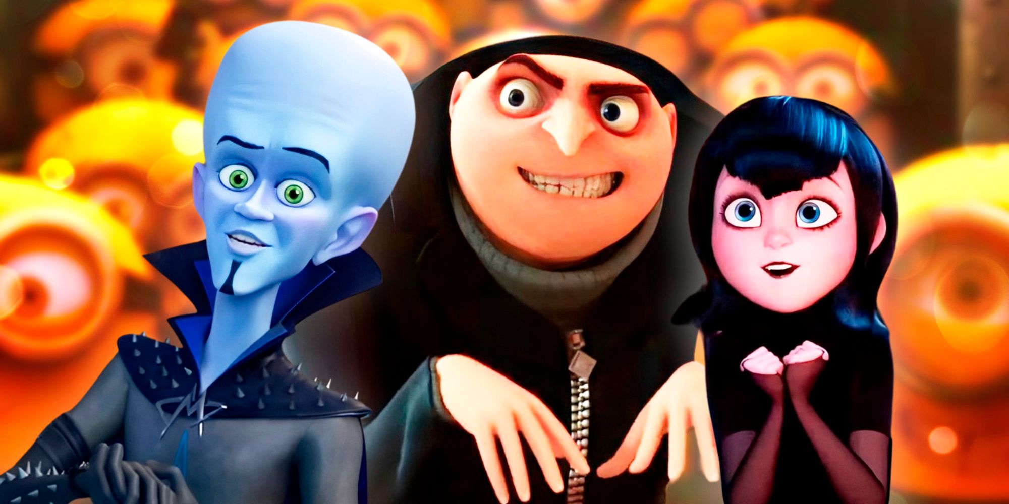 Gru from Despicable Me in the middle, Megamind to the left, and Mavis Dracula from Hotel Transylvania to the right in front of a blurry background showing minions