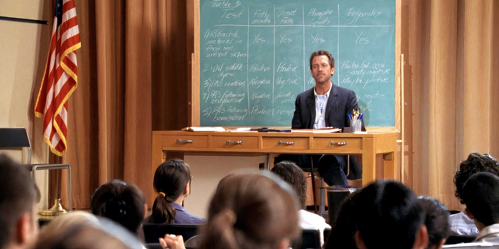 House lecturing in Three Stories