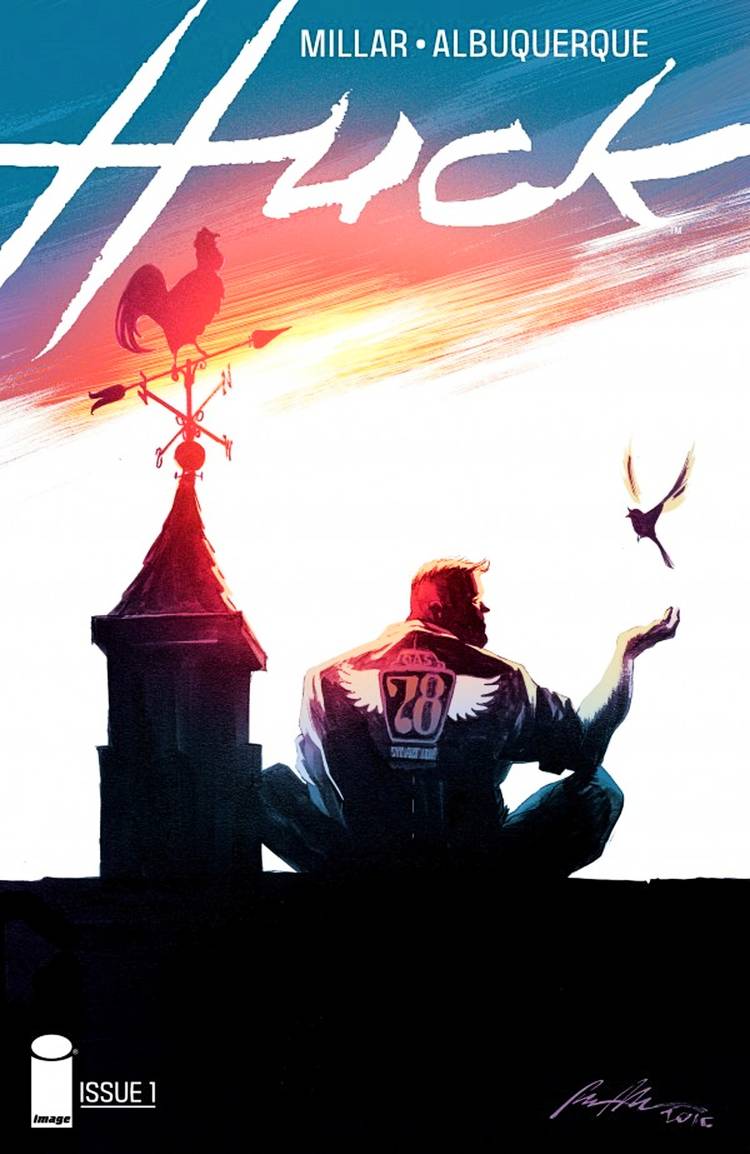Huck #1 cover, Huck sitting on a rooftop at twilight as a bird lands in his hand