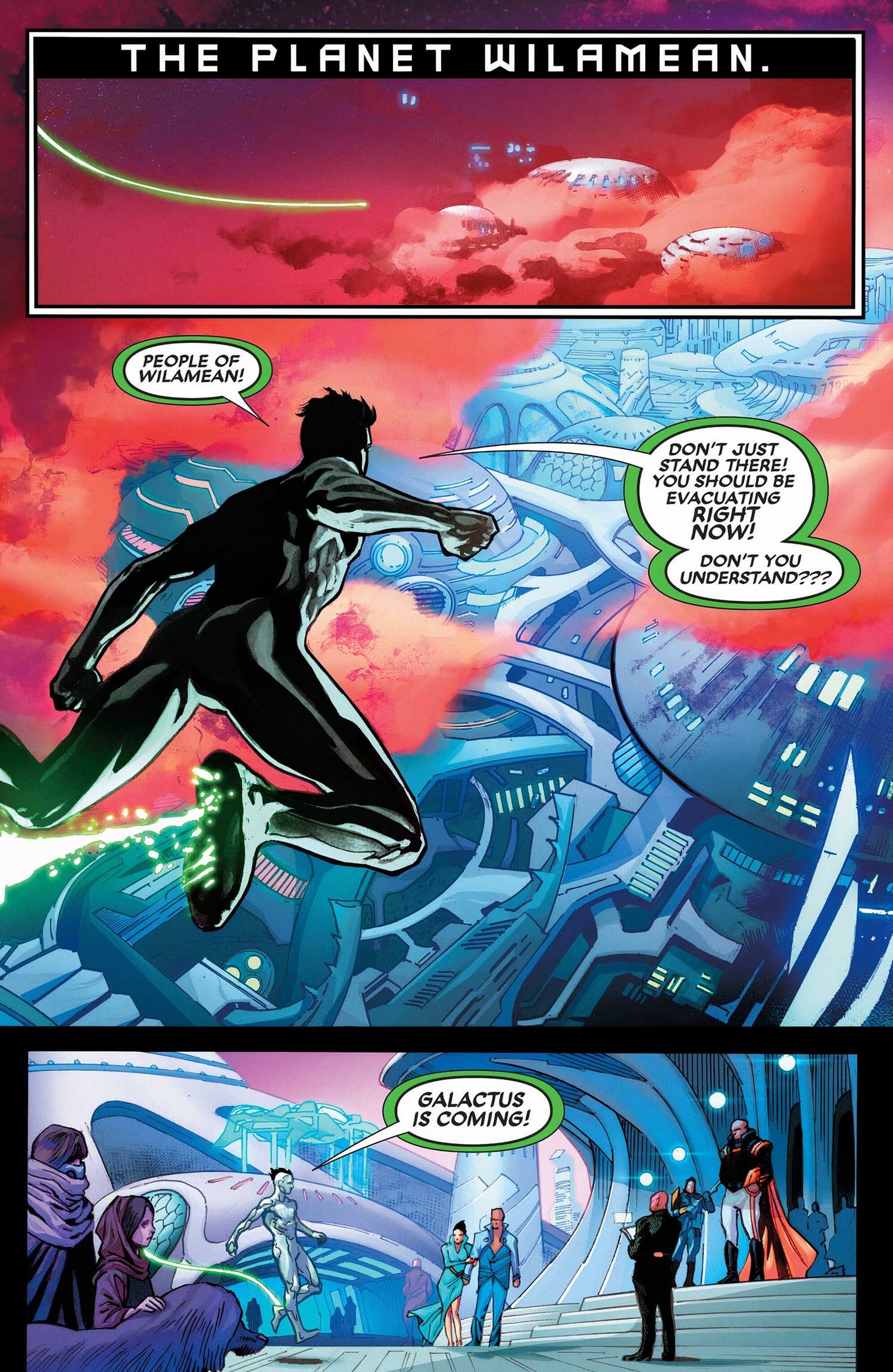 Three panels of Hulk, as a herald of Galactus, warning aliens to evacuate.