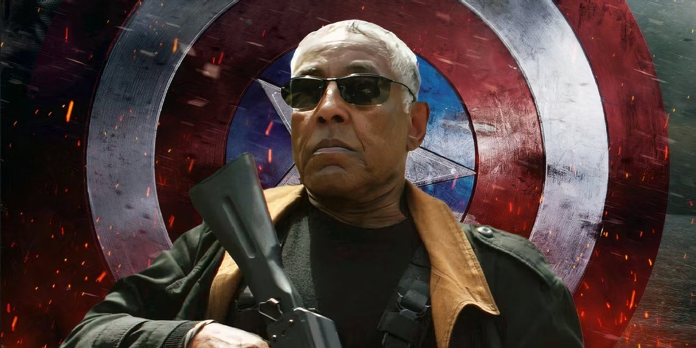 Giancarlo Esposito with Captain America's shield behind him.