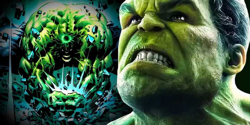 MCU's Hulk with Marvel Comics' Hulk smashing the ground behind him.