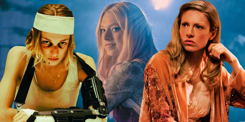 A collage of Hunter Schafer in roles in Cuckoo, Euphoria, and Hunger Games: The Ballad of Songbirds and Snakes