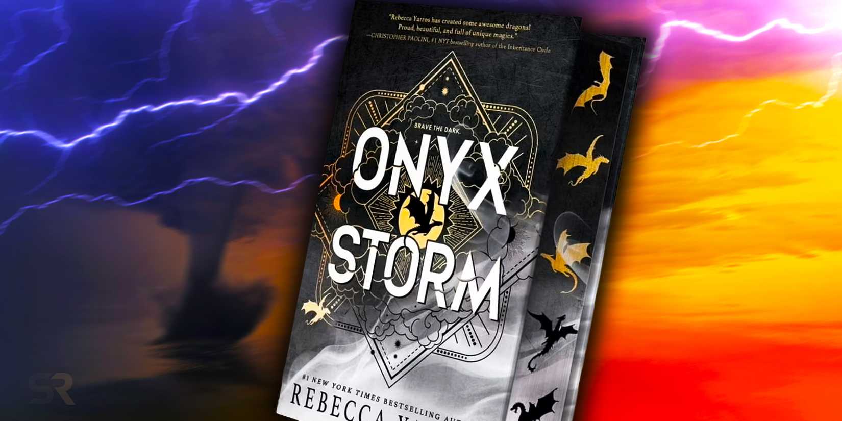 Onyx Storm by Rebecca Yarros with a tornado, lightning, and purple, yellow, and red sky as the background