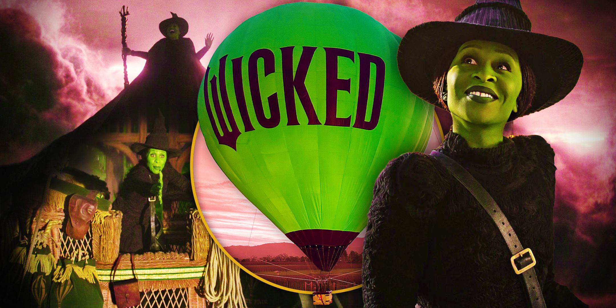 Blended image of Wicked film and a hot air balloon from the home release event
