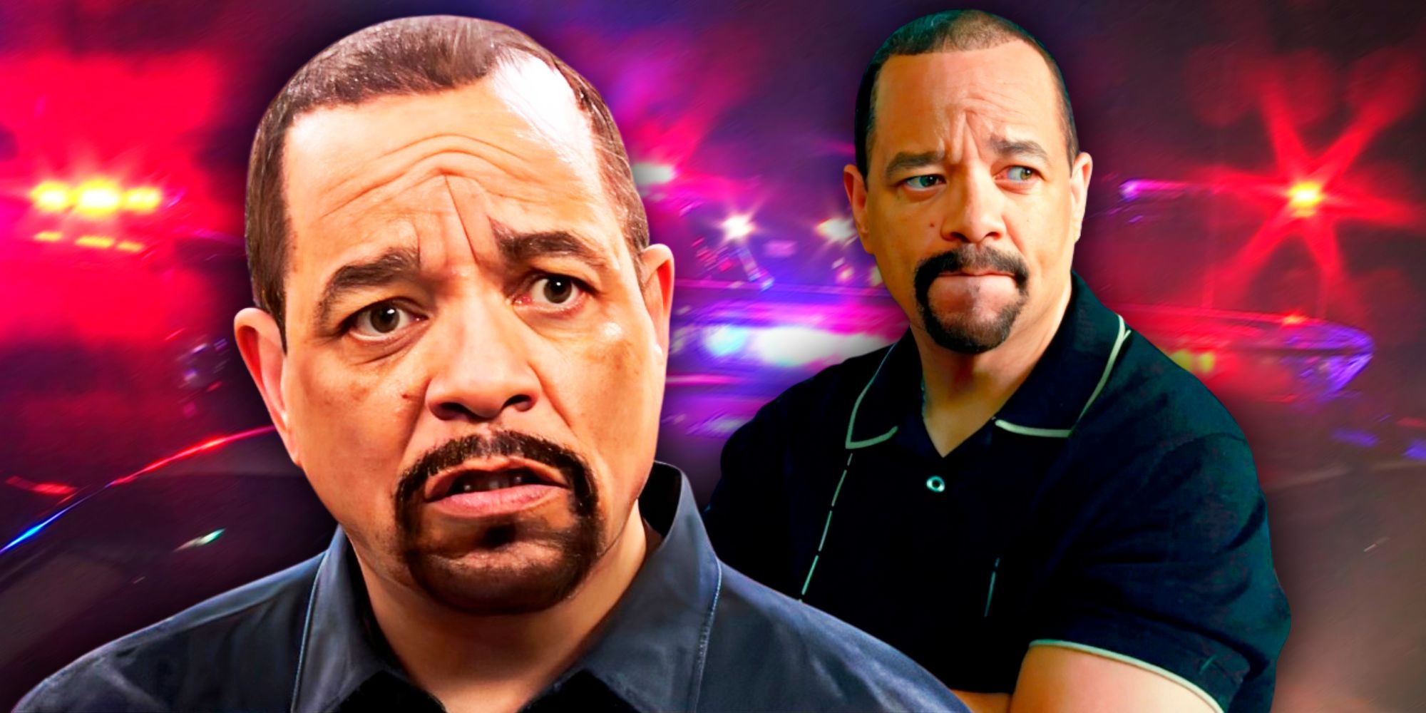 Imagem personalizada mostrando duas imagens de Law & Order: SVU's Fin (Ice-T) com luzes da polícia atrás dele