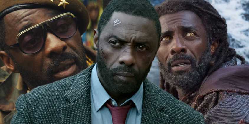 Collage of Idris Elba in Beasts of No Nation, Luther, and Thor