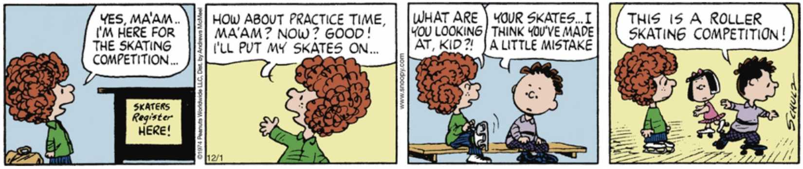 Peanuts, Peppermint Patty entering a roller skating competition.