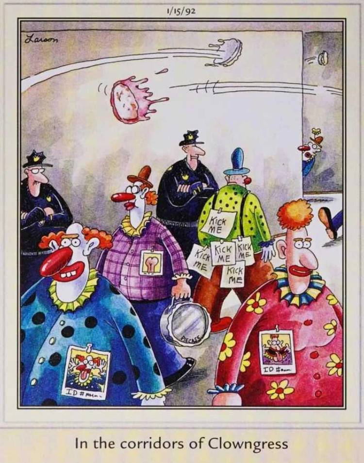 The Far Side, Clowns all in the same room.