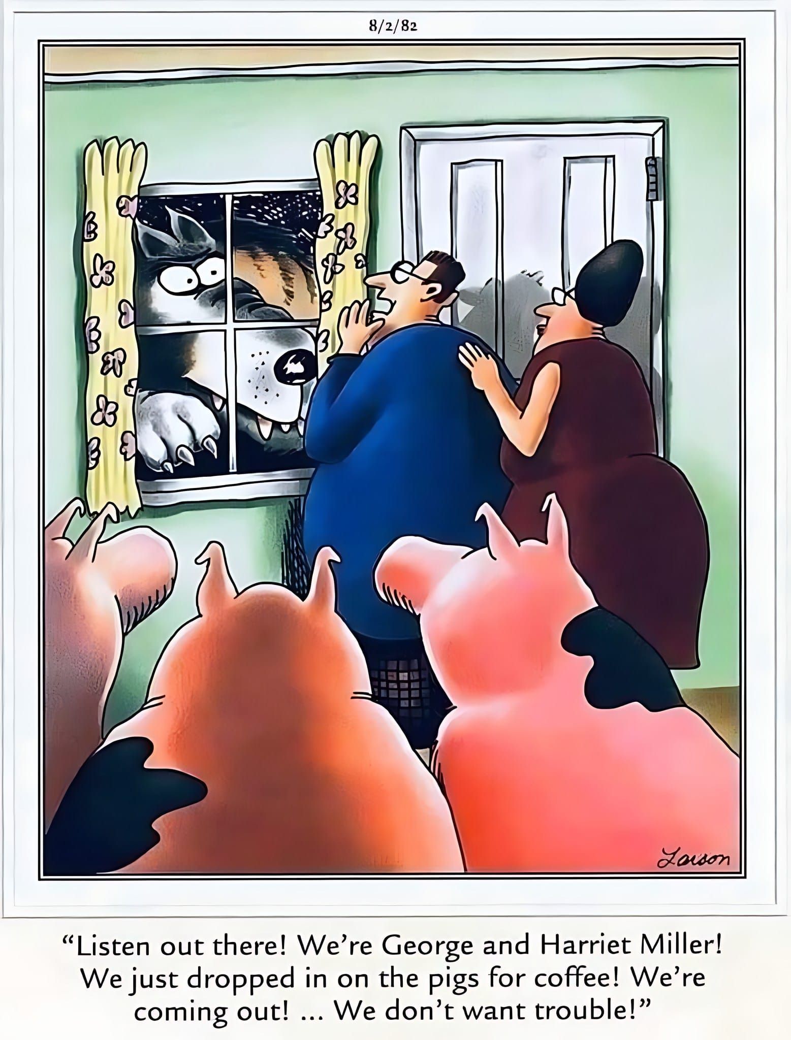 Far Side, um casal humano com medo do Lobo Mau em uma casa cheia de porcos.