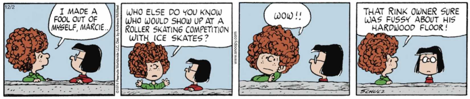 Peanuts strip: Peppermint Patty and Marcie talking by the wall.