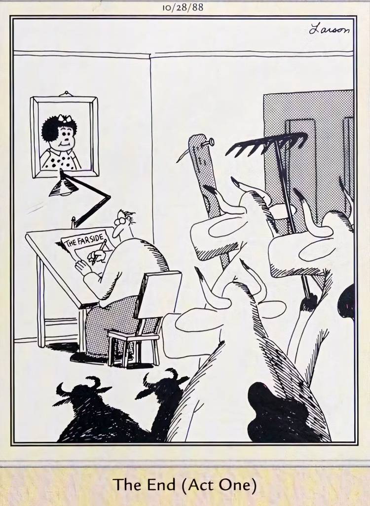 The Far Side, cows with tools about to attack a cartoonist.