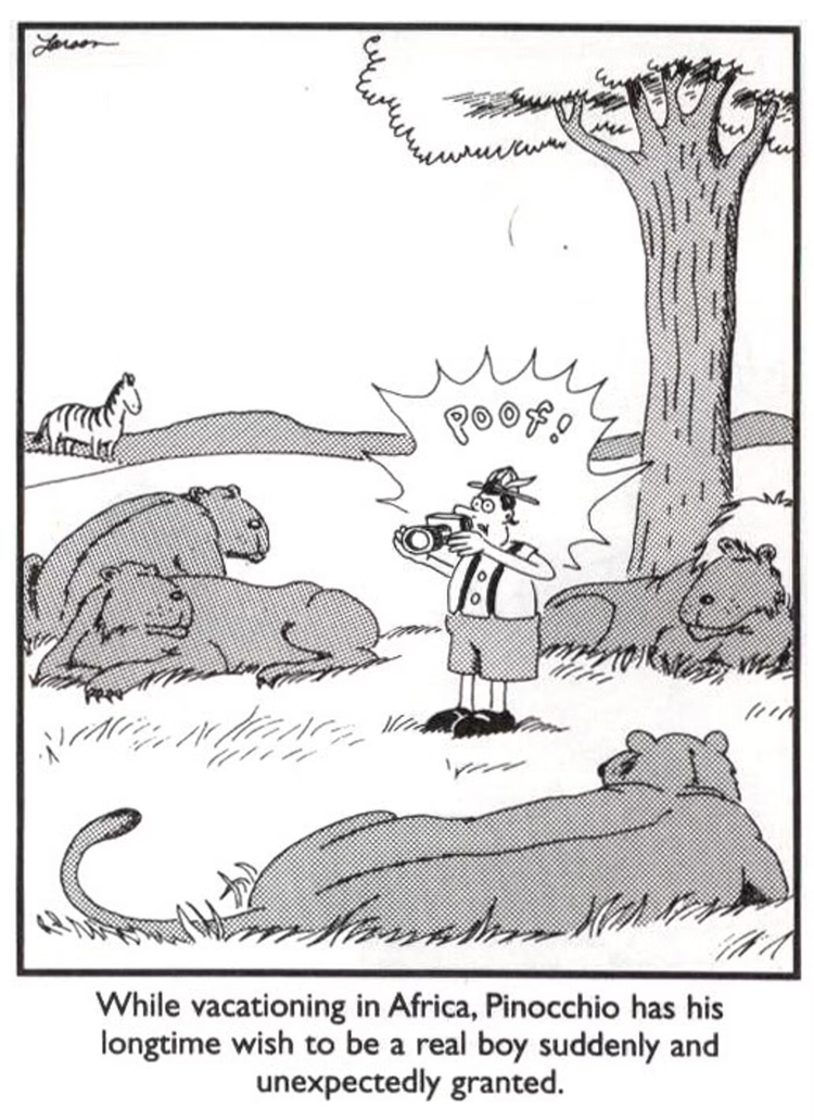 The Far Side, Pinocchio being surrounded by lions.