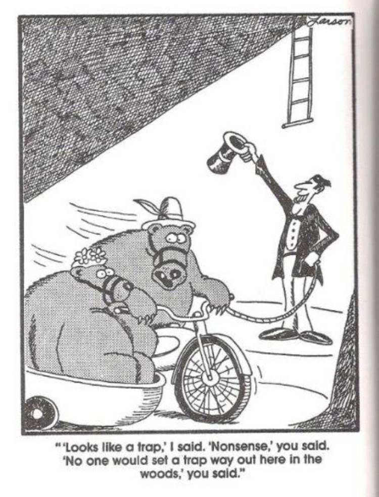 The Far Side, bears leashed to a ringleader while riding in a motorcycle and side car in the circus.