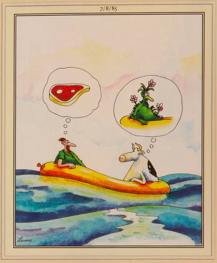 The Far Side, cow and man shipwrecked on a lifeboat.