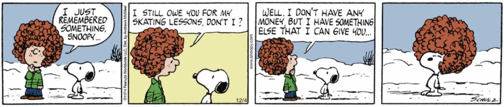 Peanuts strip: Peppermint Patty giving Snoopy her red wig.