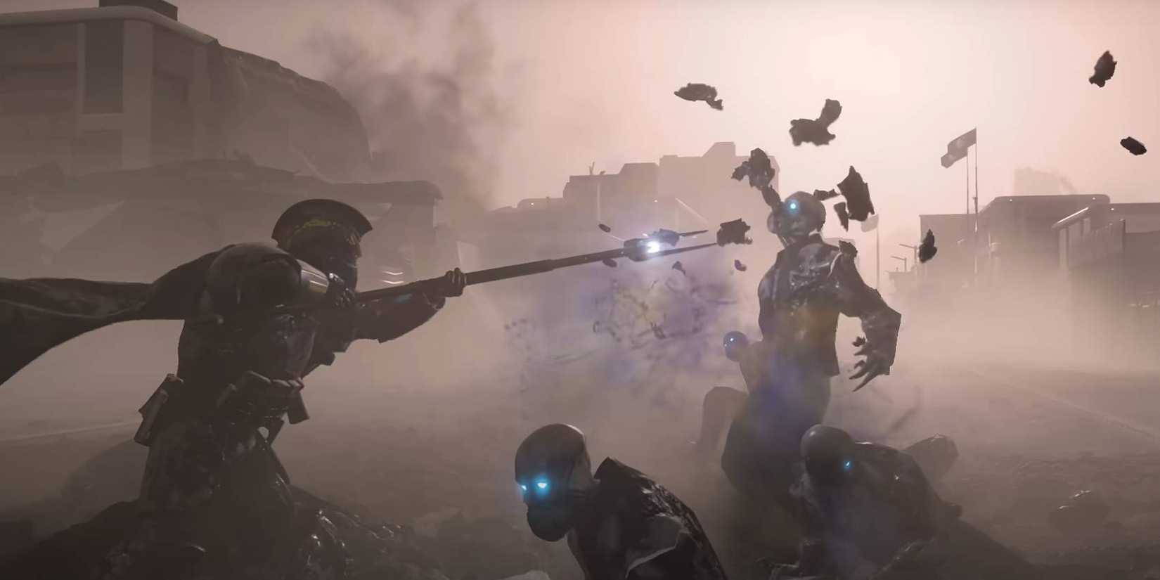 Helldivers 2 Helldiver using new spear melee weapon to eliminate The Voteless Illuminate enemy