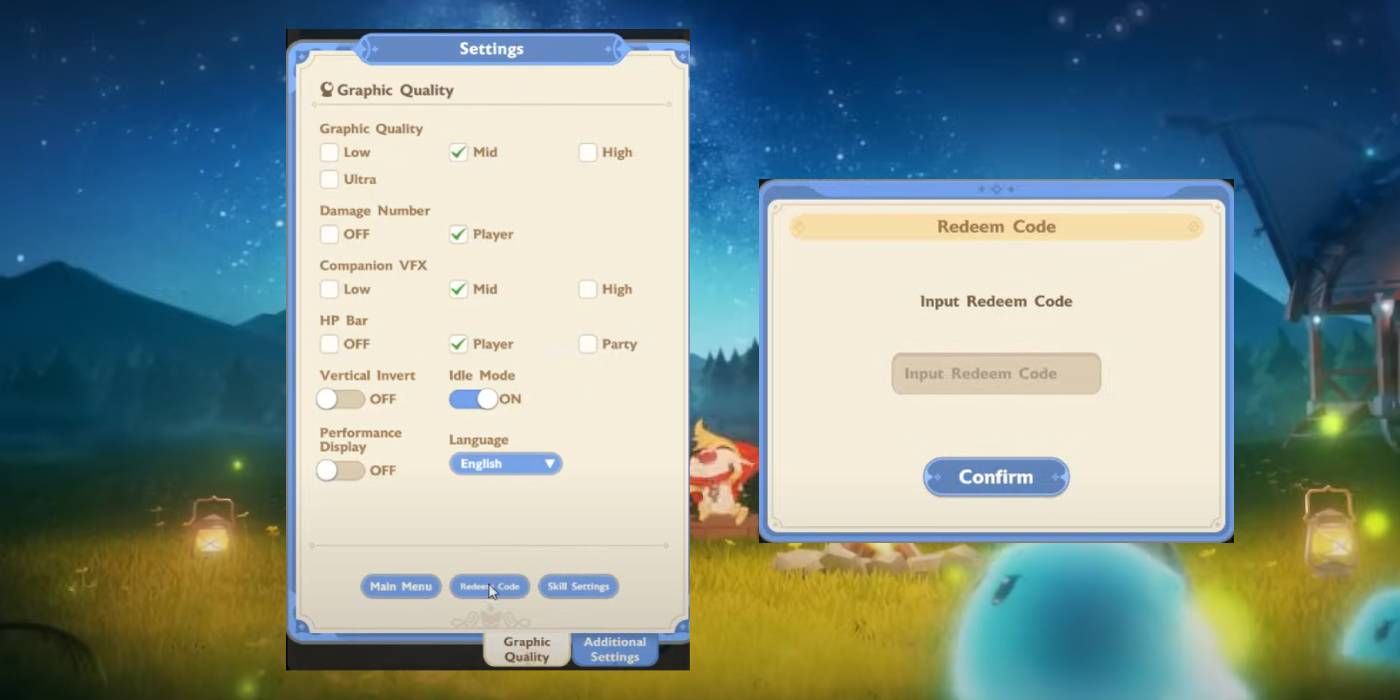 Go Go Muffin Settings and Redeem Code menus