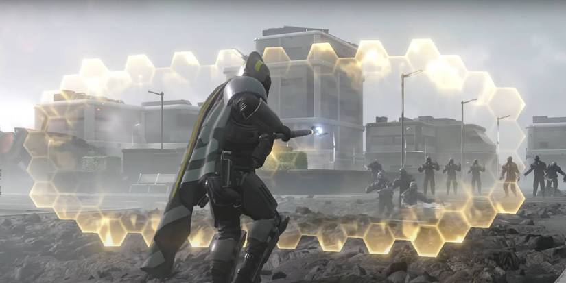 Helldivers 2 Helldiver using Directional Shield Stratagem from Urban Legends Warbond