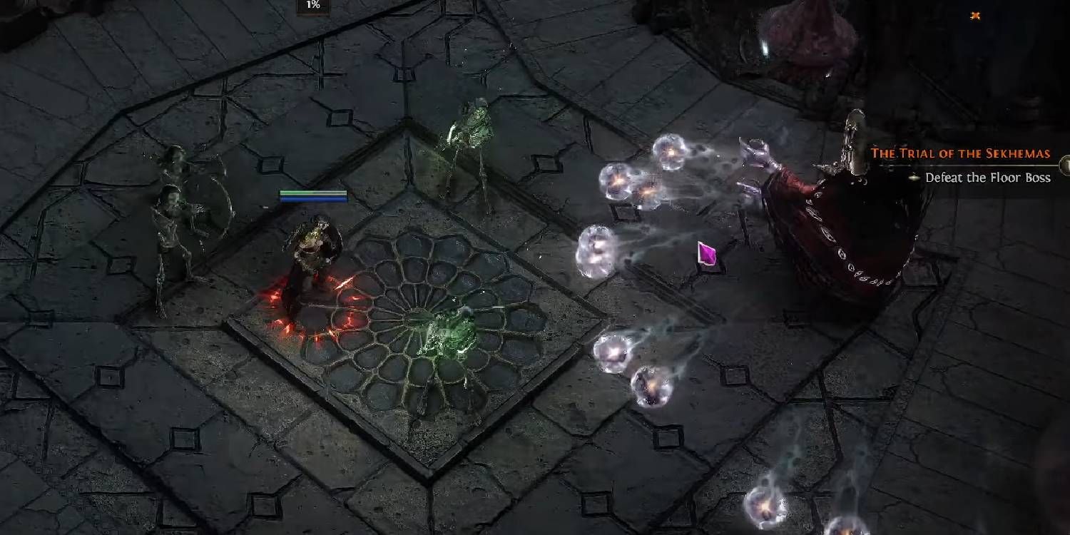 Path of Exile 2 character fighting Zarokh the Temporal as the boss summons projectile orbs