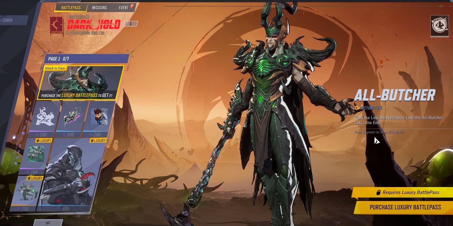 Marvel Rivals Season 1 Battle Pass showing multiple rewards and Loki All-Butcher Skin