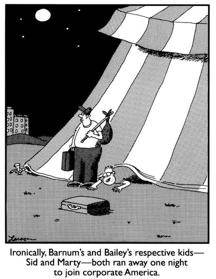The Far Side, two kids running away from the circus.
