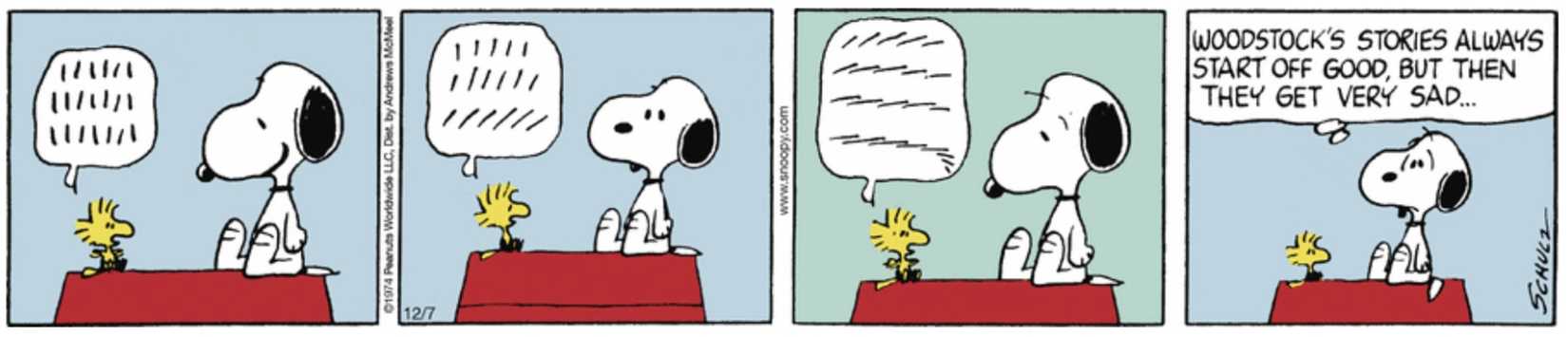 Peanuts strip: Woodstock telling a story to Snoopy.