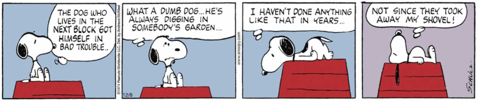 Peanuts strip: Snoopy talking to himself on his doghouse.