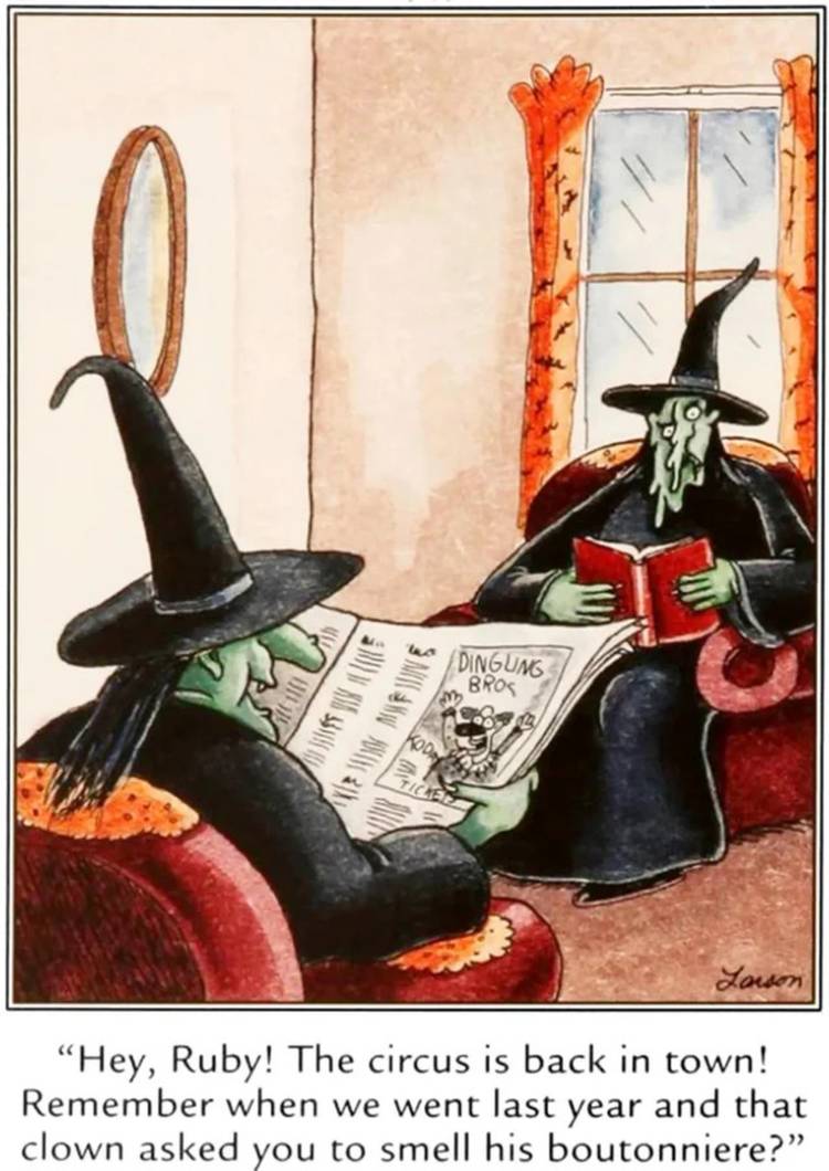 The Far Side, two witches, one with a newspaper, the other with a melted face