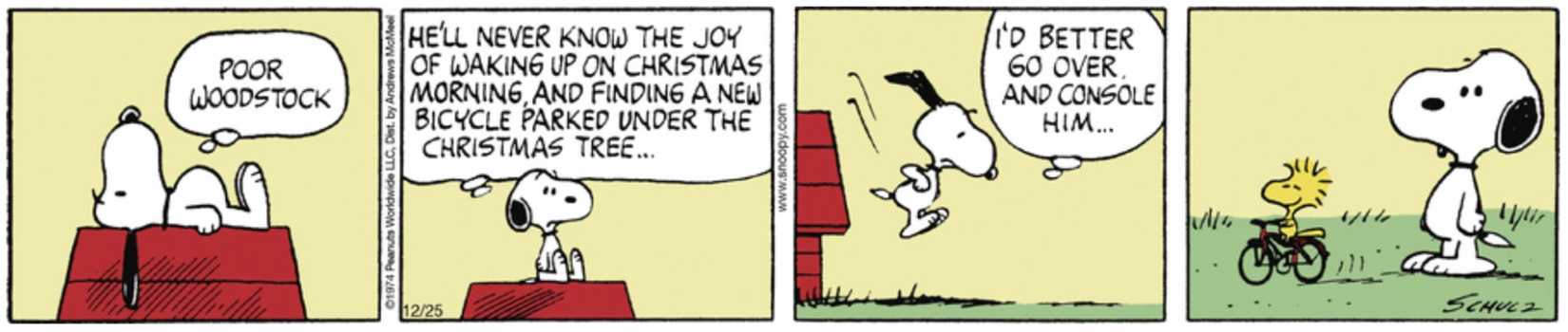 Peanuts strip: Snoopy going up to Woodstock who is riding a bike.