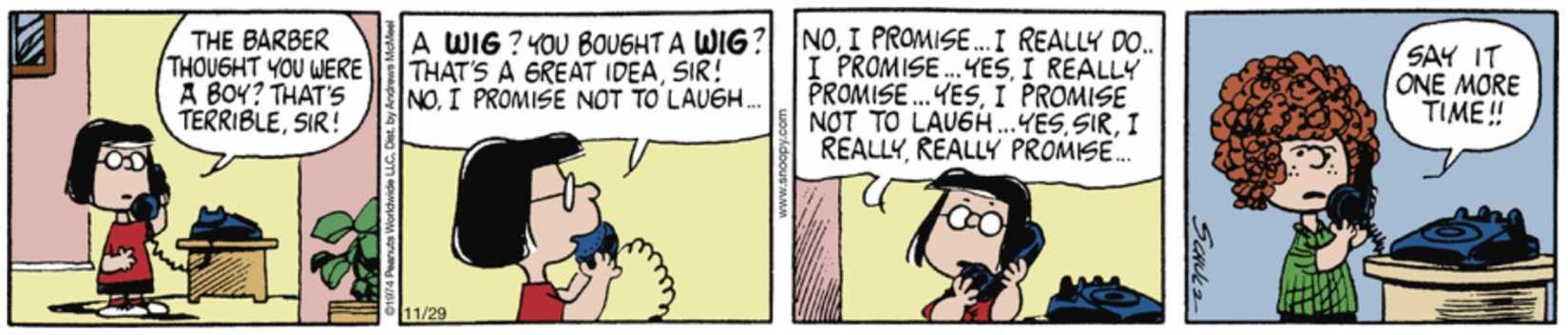 Peanuts, Marcie and Peppermint Patty talking on the phone.