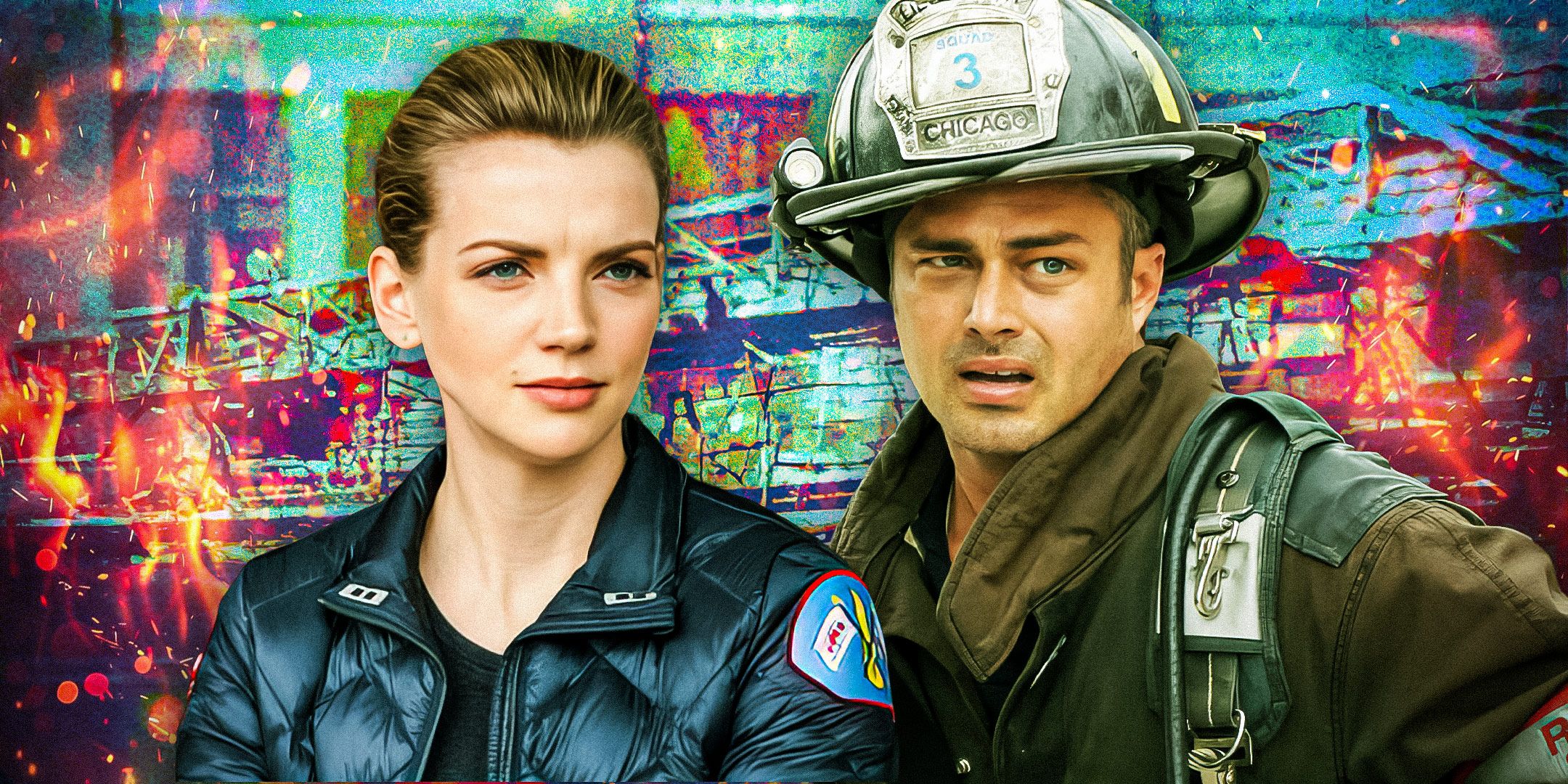 Custom image of Chicago FIre&rsquo;s Severide and Novak against a colorful and fiery background