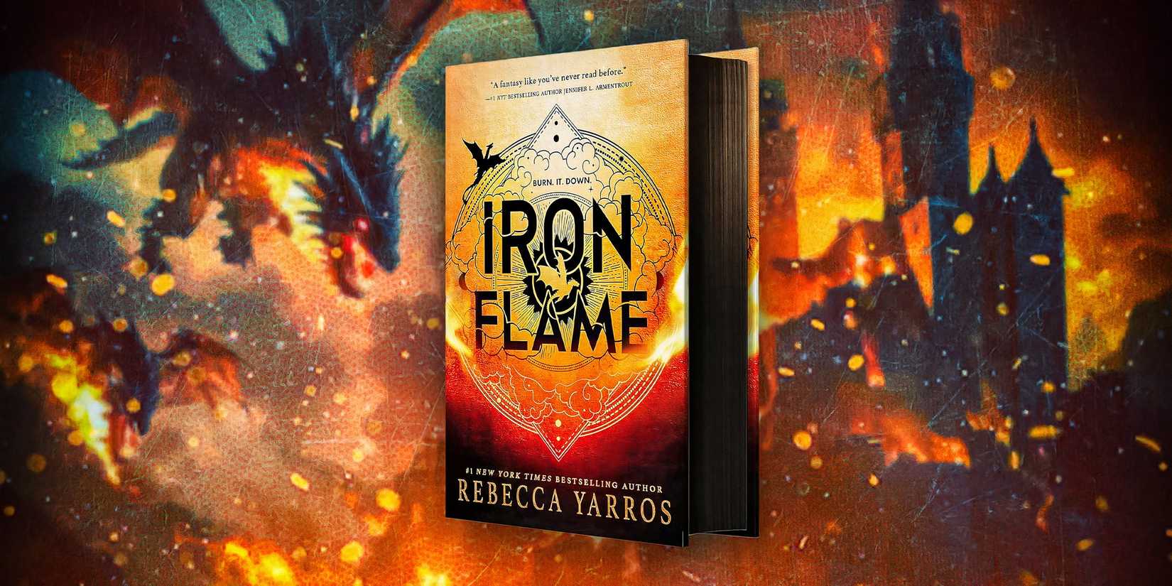 Iron Flame by Rebecca Yarros, flame dragon background