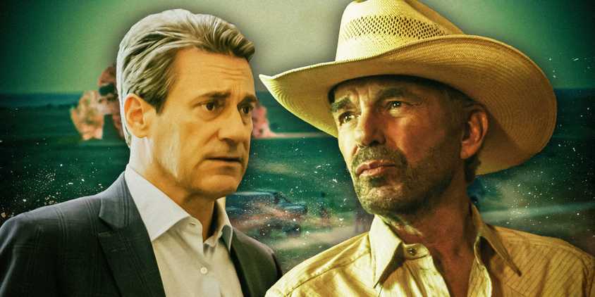Monty Miller (Jon Hamm) and Tommy Norris (Billy Bob Thornton) in front of an oil patch in Landman season 1
