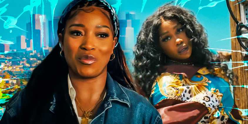 Keke Palmer smiling as Dreux in front of SZA as Alyssa looking worried in One of Them Days