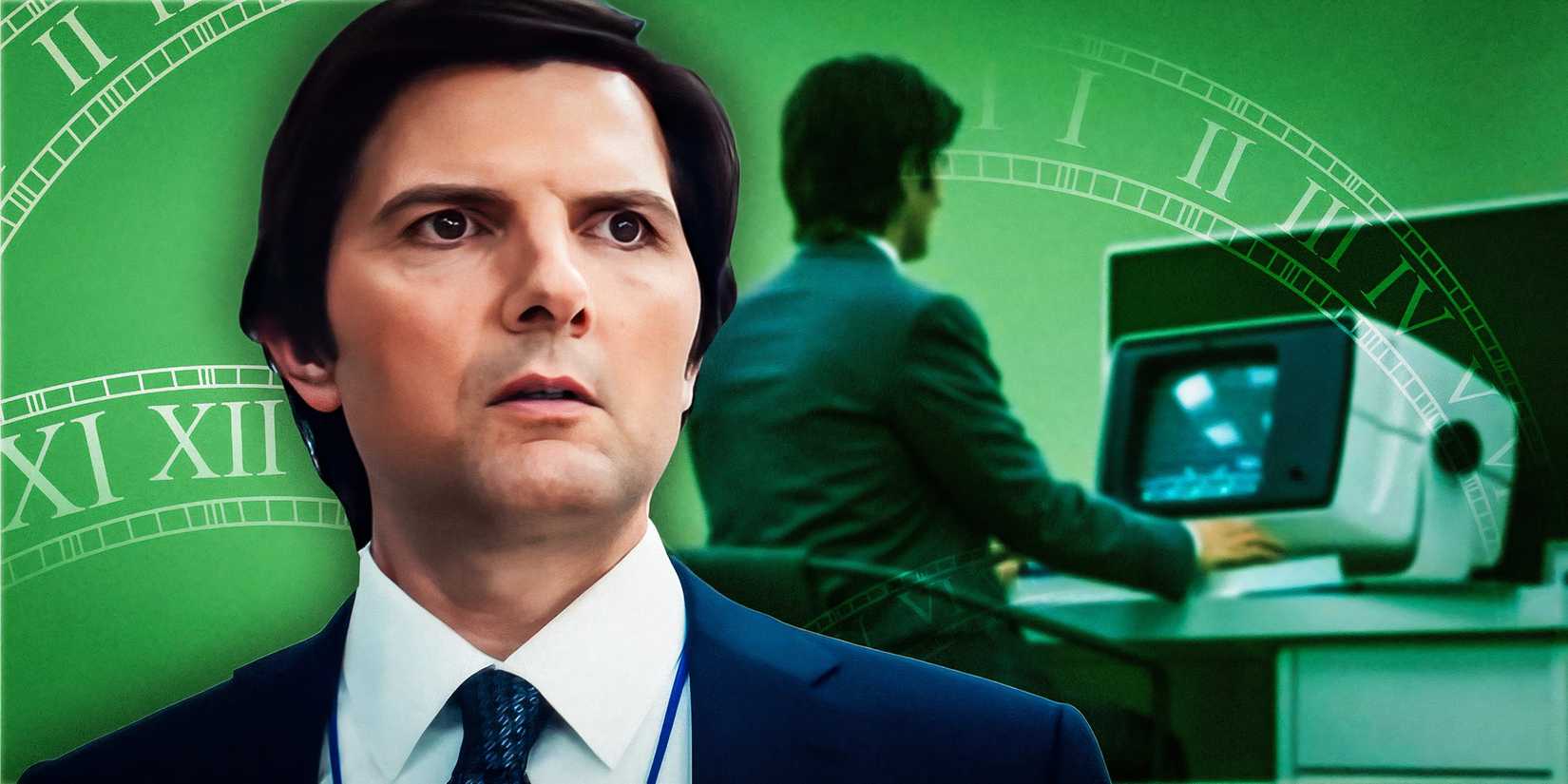 Adam Scott as Mark in Severance season 2 with clock imagery in the background