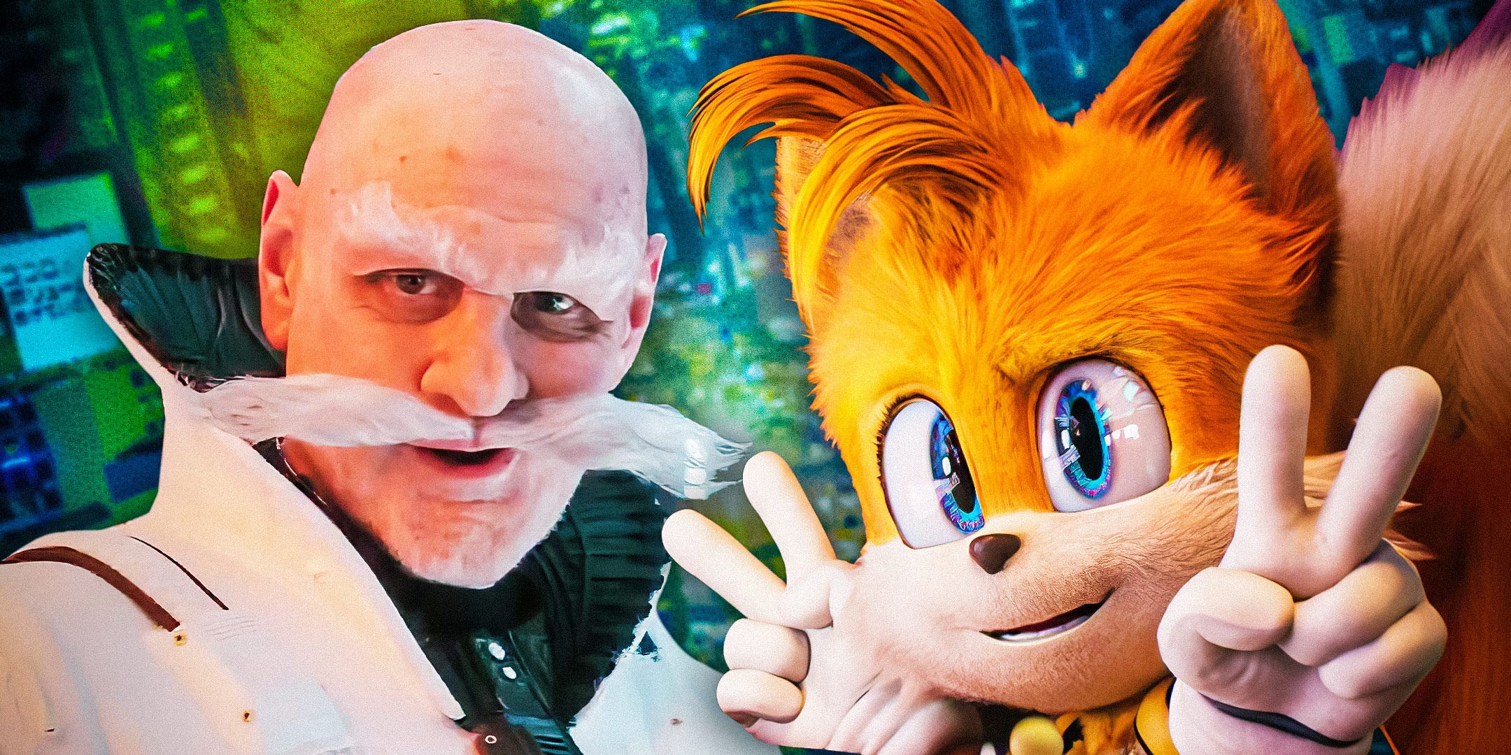 Tails giving peace signs in front of Gerald Robotnik in Sonic the Hedgehog 3