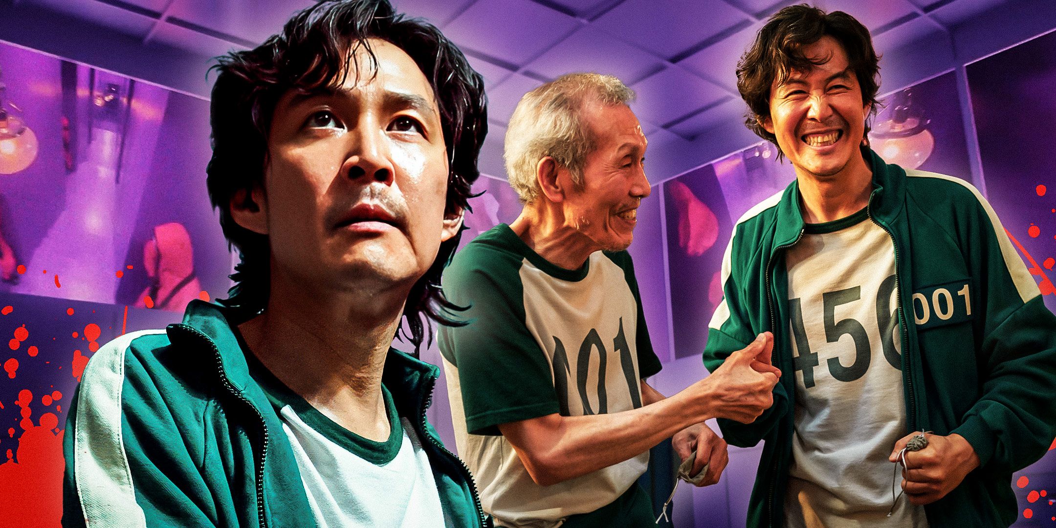 Custom image of Gi-hun looking upwards with a serious expression next to him celebrating with player 001