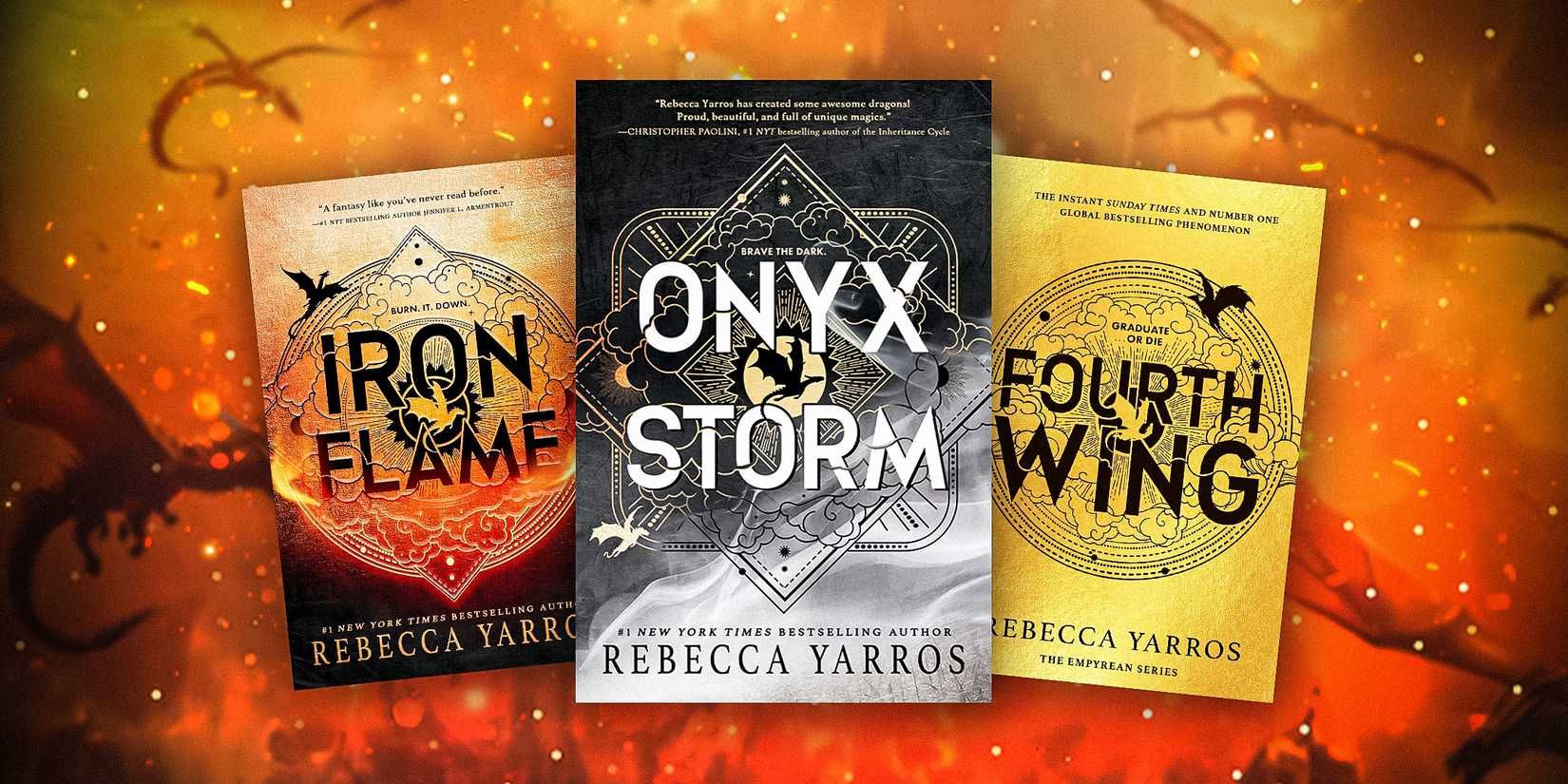 Fourth Wing, Iron Flame, Onyx Storm book covers dragon background