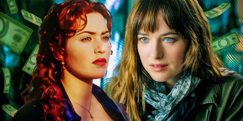 Two images of Kate Winslet as Rose in Titanic and Dakota Johnson as Anastasia in the Fifty Shades trilogy