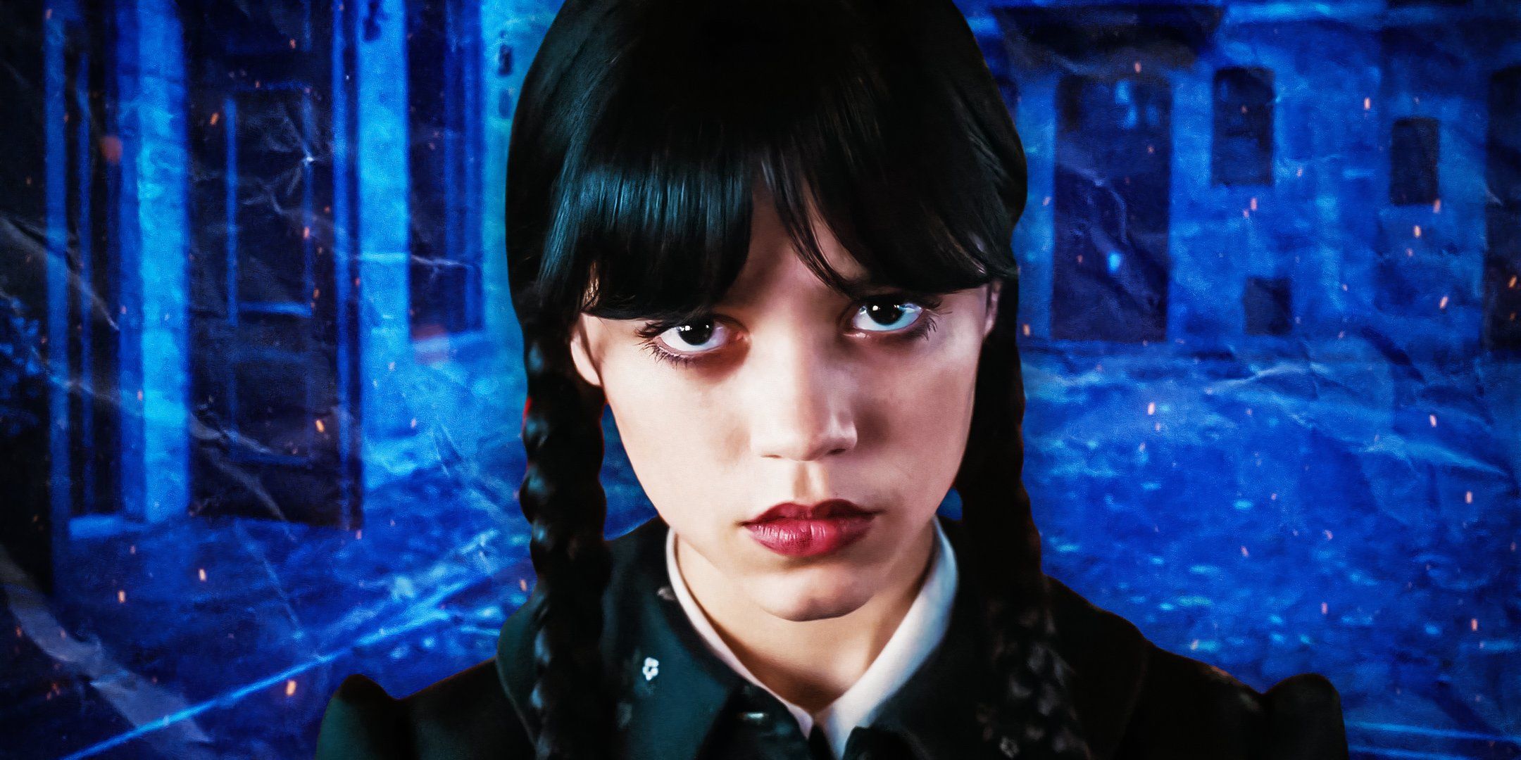 Wednesday Addams from Netflix&rsquo;s Wednesday is in front of a blue background.