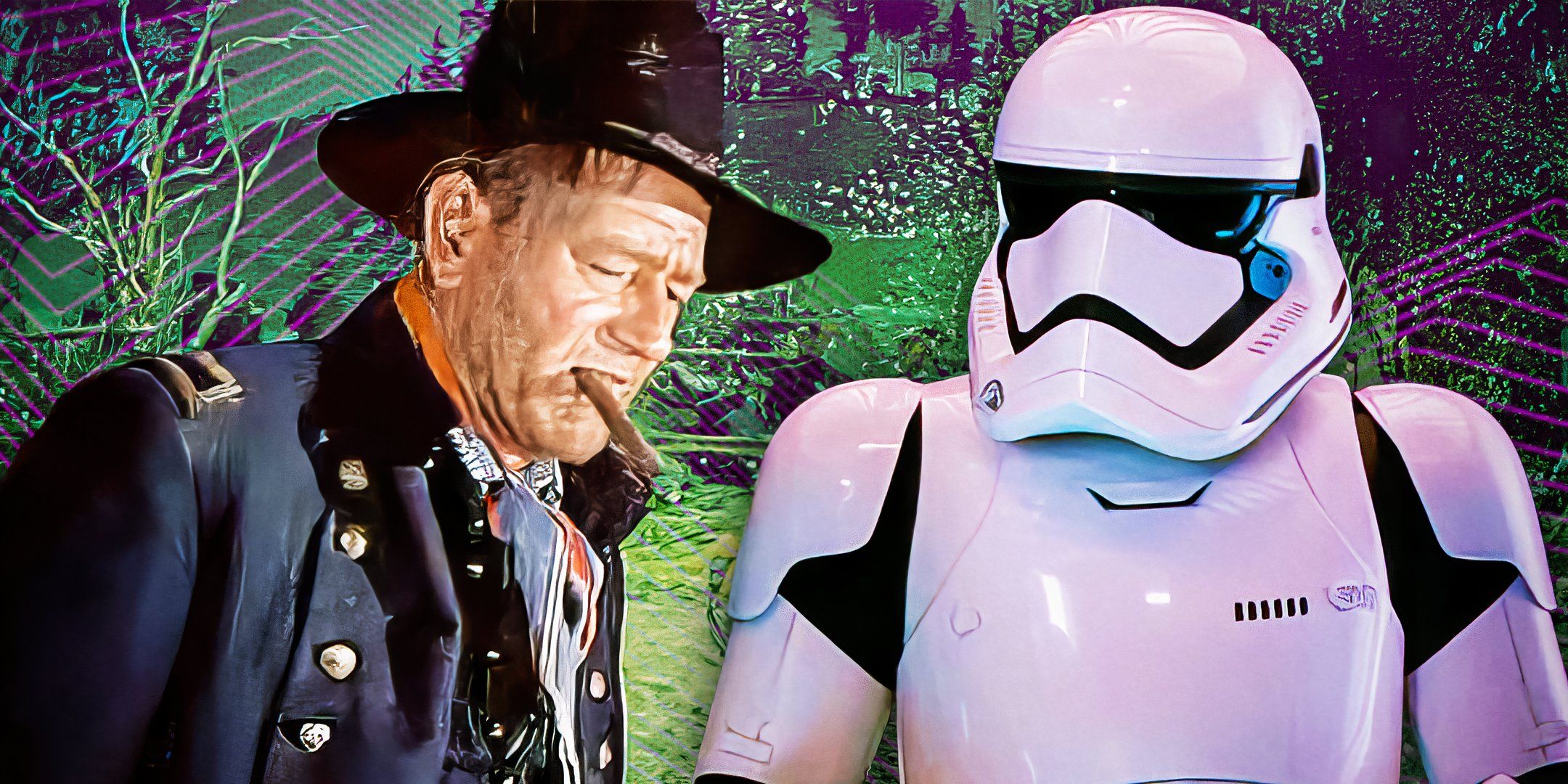 Imagery of John Wayne in Wagon Train and Daniel Craig in Star Wars The Force Awakens