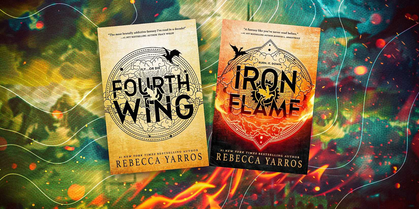 The covers of Fourth Wing and Iron Flame by Rebecca Yarros against a colorful background with green, blue, red, and orange streaks