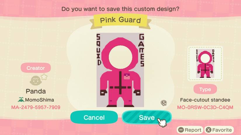 Screenshot from Animal Crossing New Horizons Design Portal showing cut out design from Squid Game