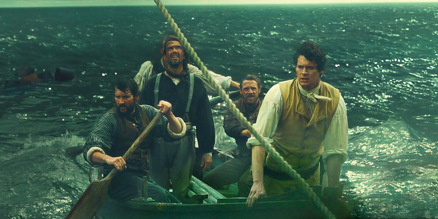 Quatro marinheiros em um barco no meio do oceano em In The Heart of the Sea