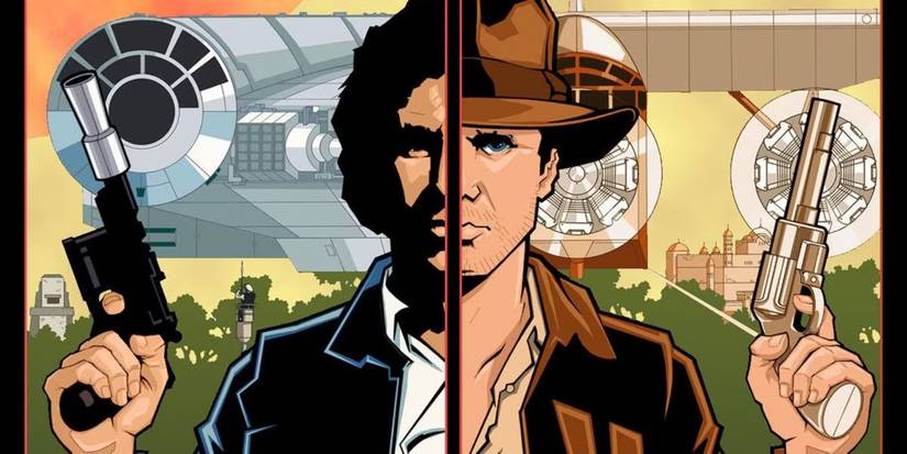 Split comic image depicting Han Solo (left) and Indiana Jones (right) in mirroring poses.