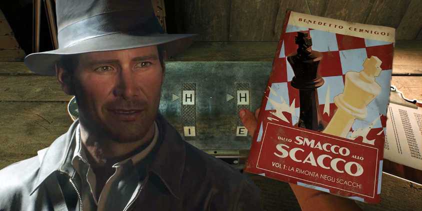 Indy with the cipher machine and a skill book from Indiana Jones and the Great Circle.